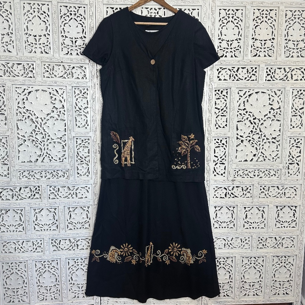 Vtg Jessica Howard Black Linen Blend‎ Animal Safari Themed Maxi Dress Sz Medium
